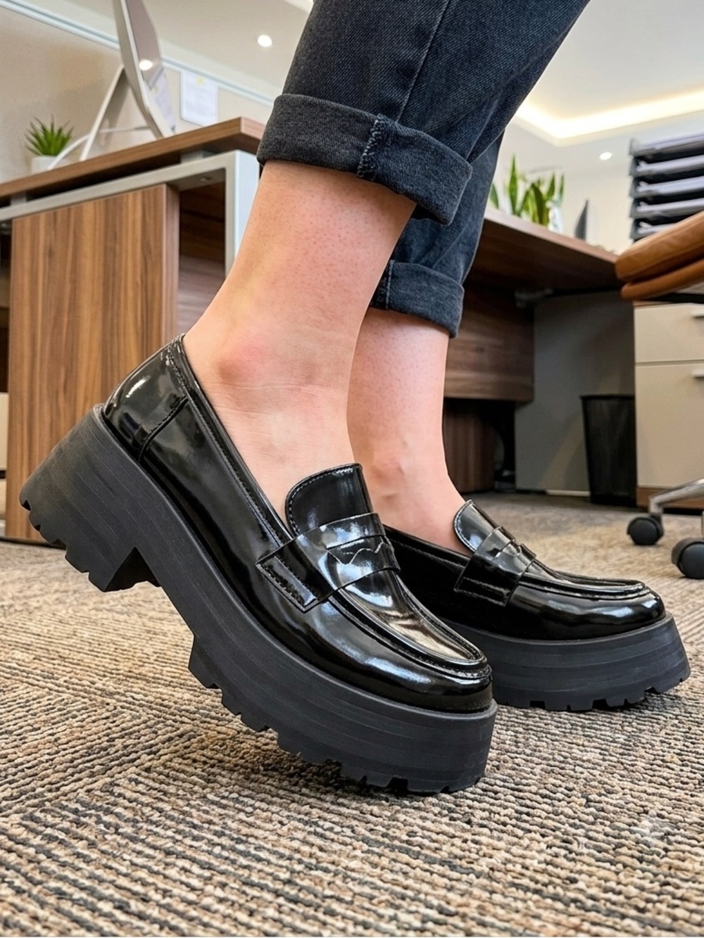 ASOS Design Black Patent Chunky Platform Loafers Lug Sole Women 7 Made In Italy